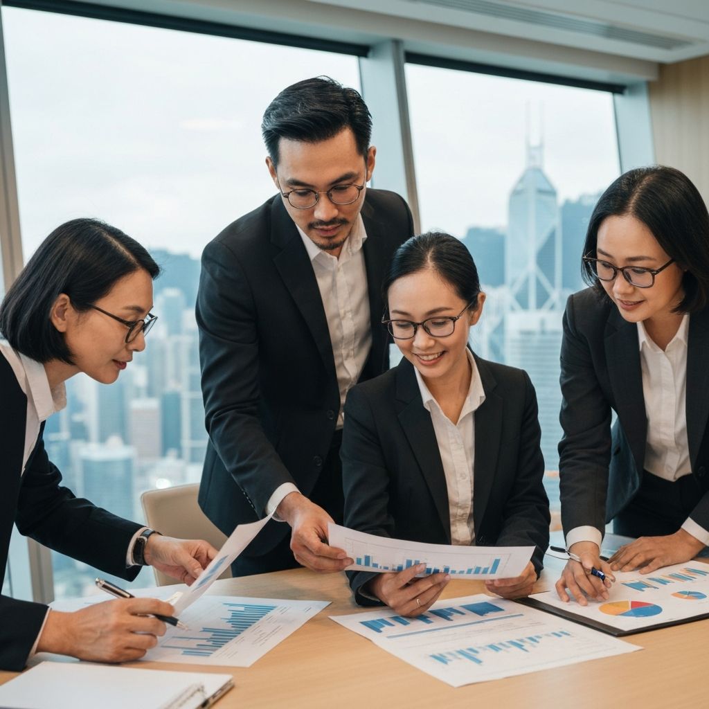 Professional financial advisors collaborating in modern Hong Kong office